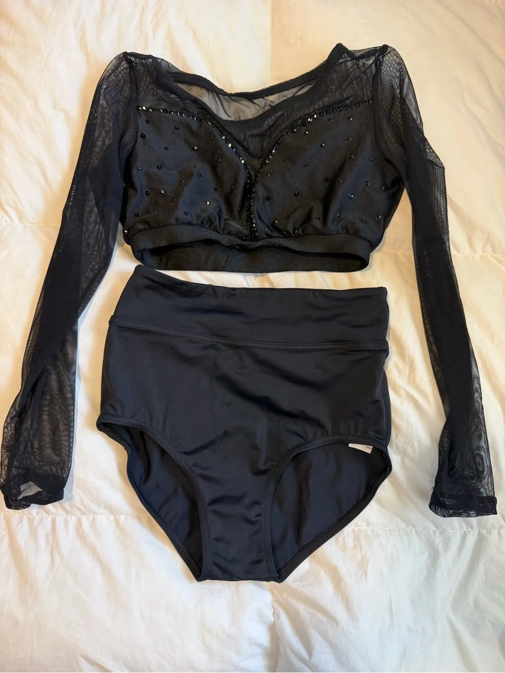 Girls Black Mesh Long-Sleeve Crop Top with Bead Detail